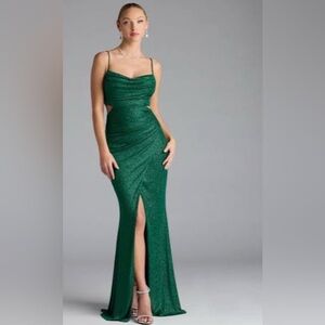 NWT Windsor Eliana cutout green glitter formal prom dress S
